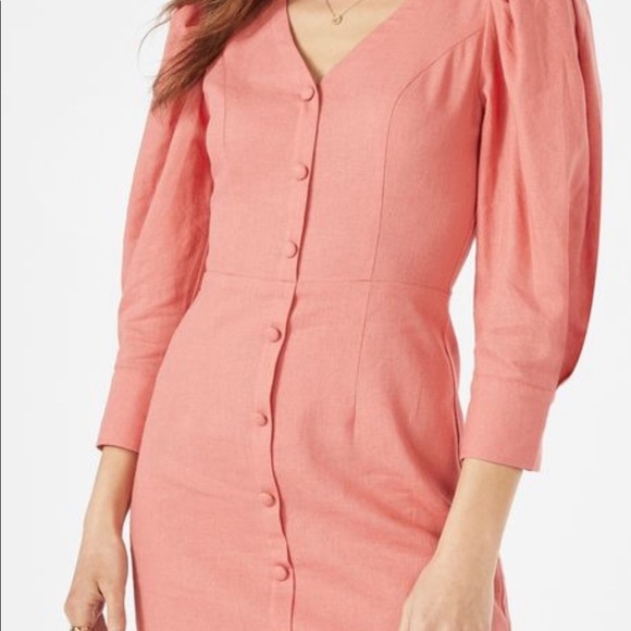 NWT Justfab Dress Women Size Medium Pink Mini Fade Rose Linen Puff Sleeve - Picture 2 of 6